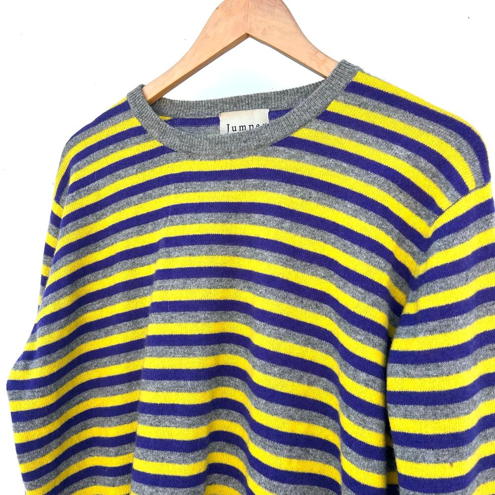 Jumper 1234 Cashmere Crewneck Striped Sweater Jumper Yellow Blue Large XL 4 - Picture 5 of 7